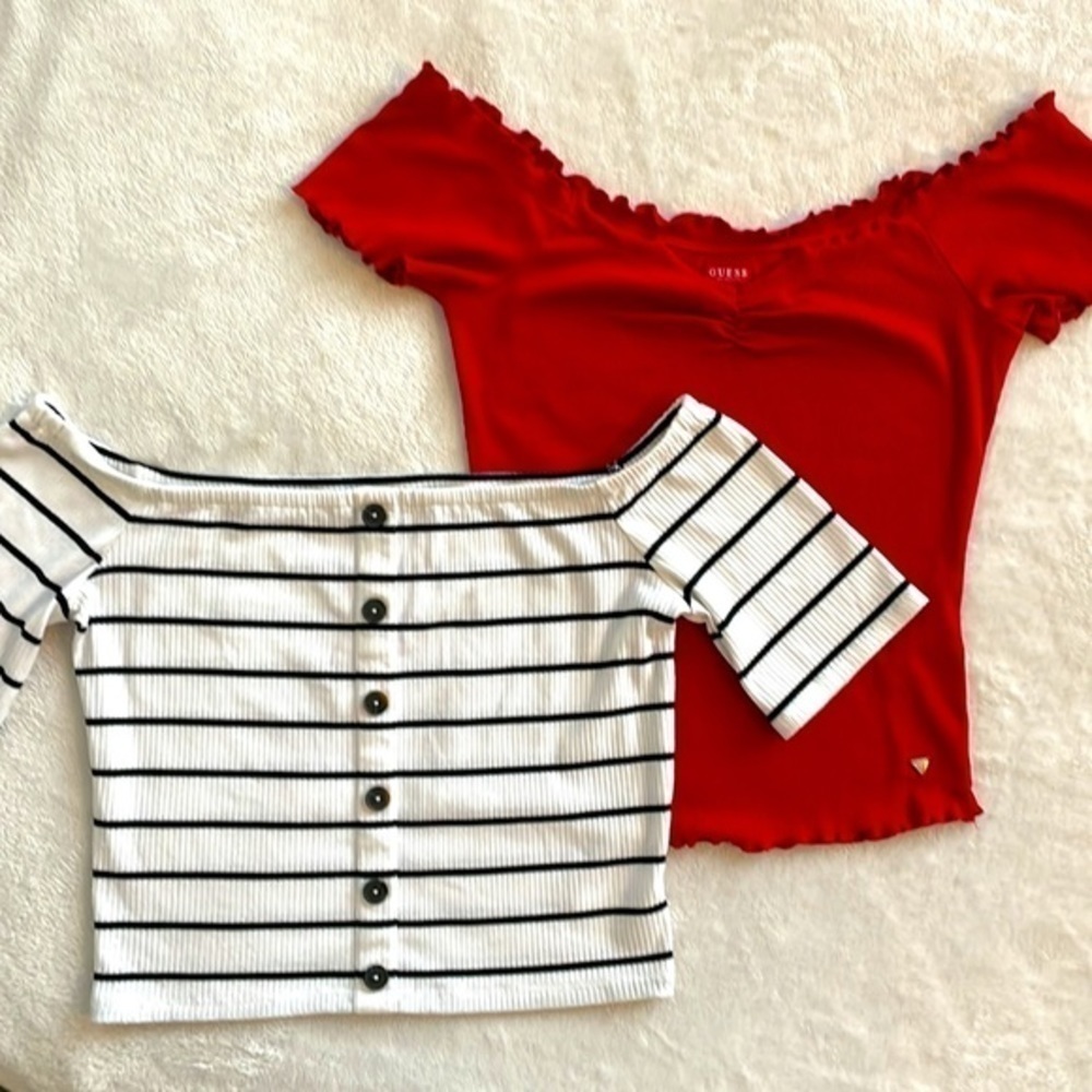 2 Off the Shoulder Women’s Tops | Express | Guess | Red | Black/White Stripe